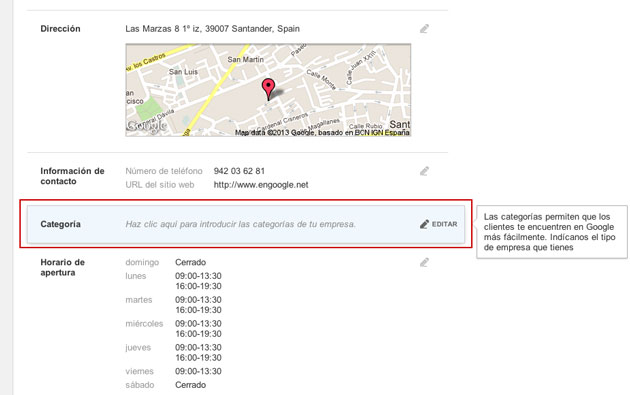 categorias en google Plus Local