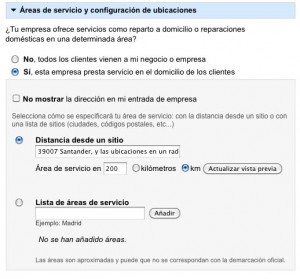 Configuración areas de servicio en Google Places